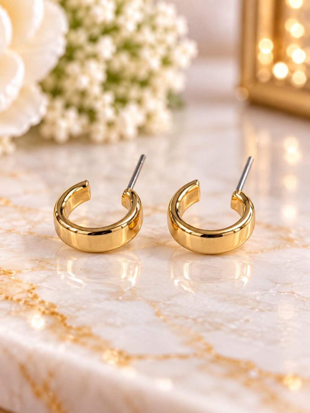 Gold Tone Chunky Mini Open Hoop Earrings Polished Minimalist Statement Jewelry